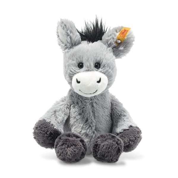 Plush donkey toy with a yellow tag on a white background