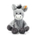 Plush donkey toy with a yellow tag on a white background