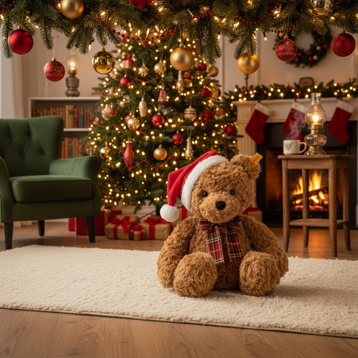 Brown teddy bear wearing a Santa hat in a festive living room with Christmas tree and decorations.