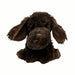 Brown plush dog toy on a white background with 'pizzazz' branding.