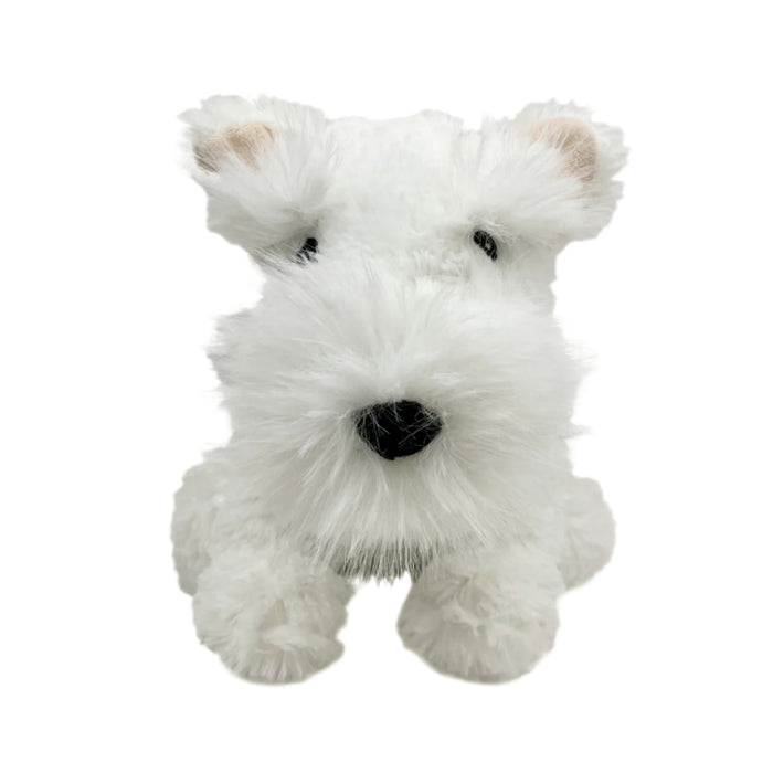 White stuffed dog toy with black nose on a white background