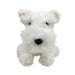 White stuffed dog toy with black nose on a white background