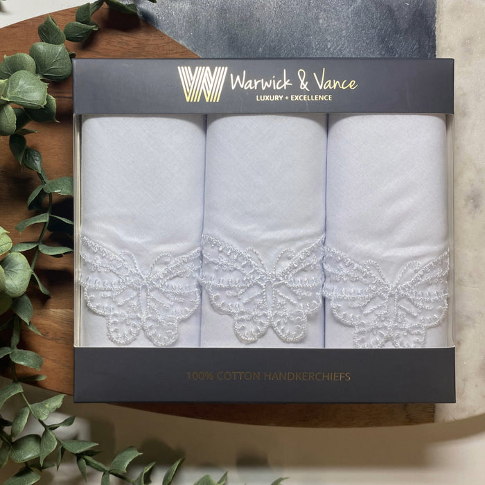 Warwick & Vance Women's 100% Cotton White Lace Butterfly Handkerchiefs 3 Pack