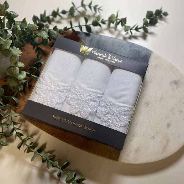 Warwick & Vance Women's x3 100% Cotton White Lace Butterfly Handkerchiefs