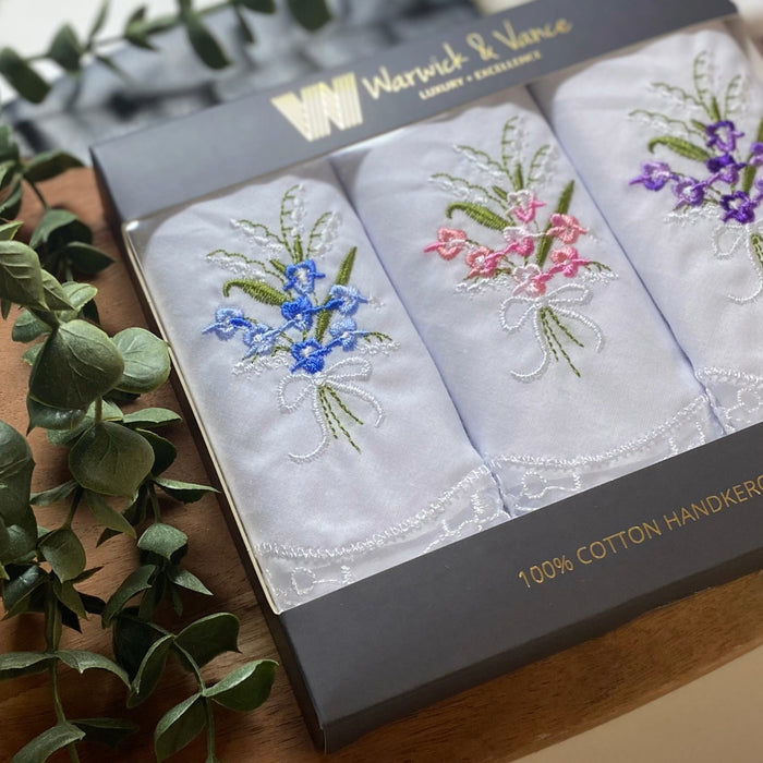 Warwick & Vance Women's 100% Cotton Assorted White Floral & Scallop Edge Handkerchiefs