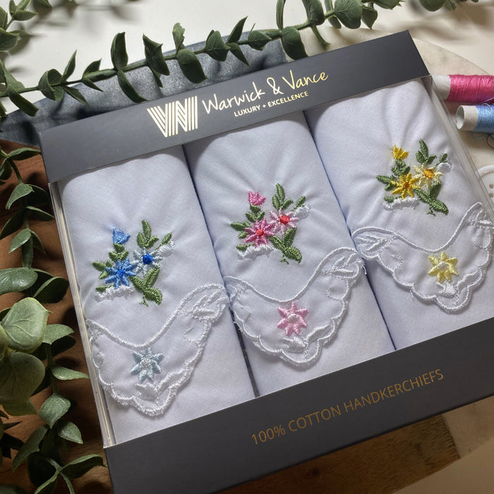 Warwick & Vance Women's 100% Cotton Assorted White Floral & Scallop Edge Handkerchiefs 3 Pack