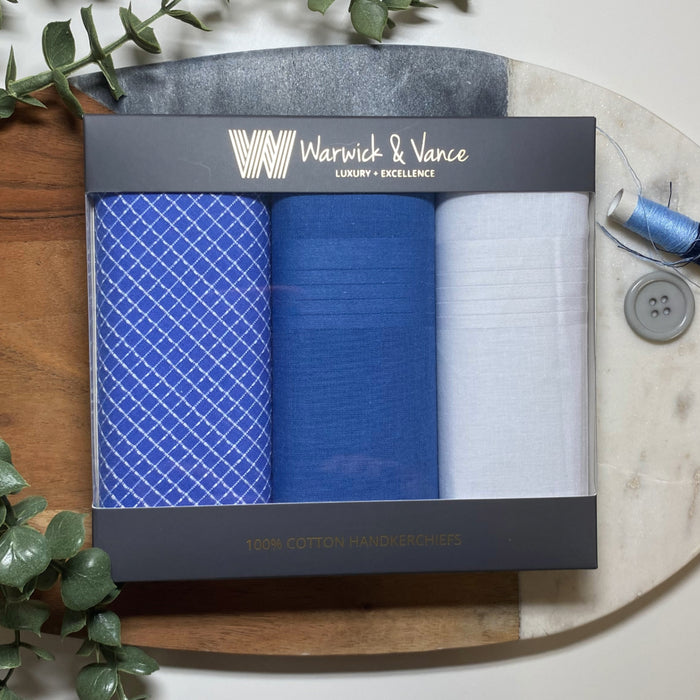 Warwick & Vance Men's 100% Cotton Blue & White Check Handkerchiefs 3 Pack