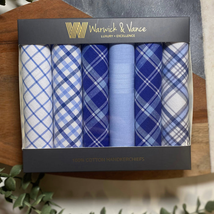 Warwick & Vance Men's Blue Or Purple Check Cotton Handkerchiefs 6 Pack