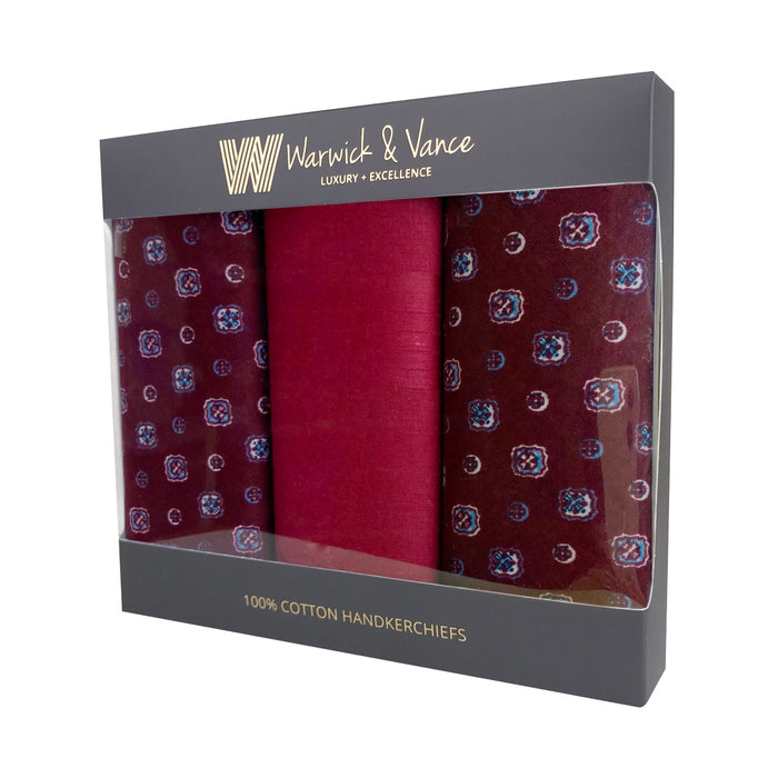 Warwick & Vance Men's 100% Cotton Red Patterned Handkerchiefs 3 Pack