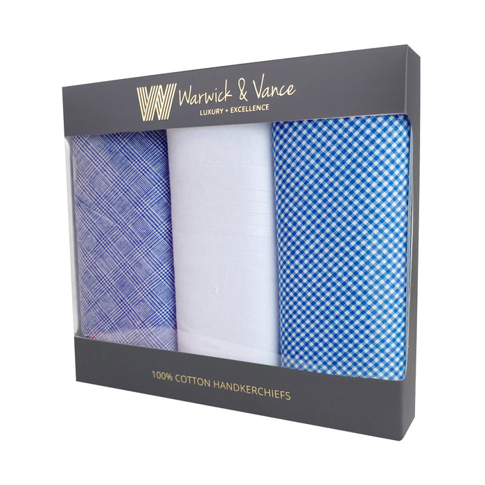 Warwick & Vance Men's 100% Cotton Blue Check Handkerchiefs 3 Pack