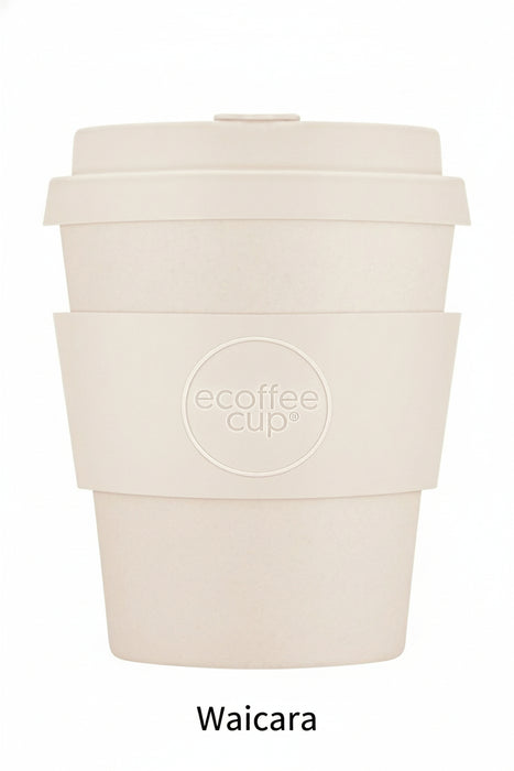 Beige reusable coffee cup with 'ecoffee cup' logo on a white background