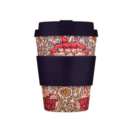 Reusable coffee cup with floral pattern and black lid on a white background