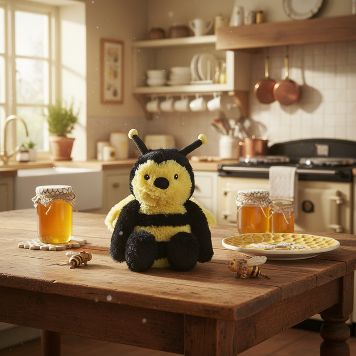 Plush bee toy on a white background