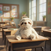 Plush sloth toy on a desk in a classroom setting