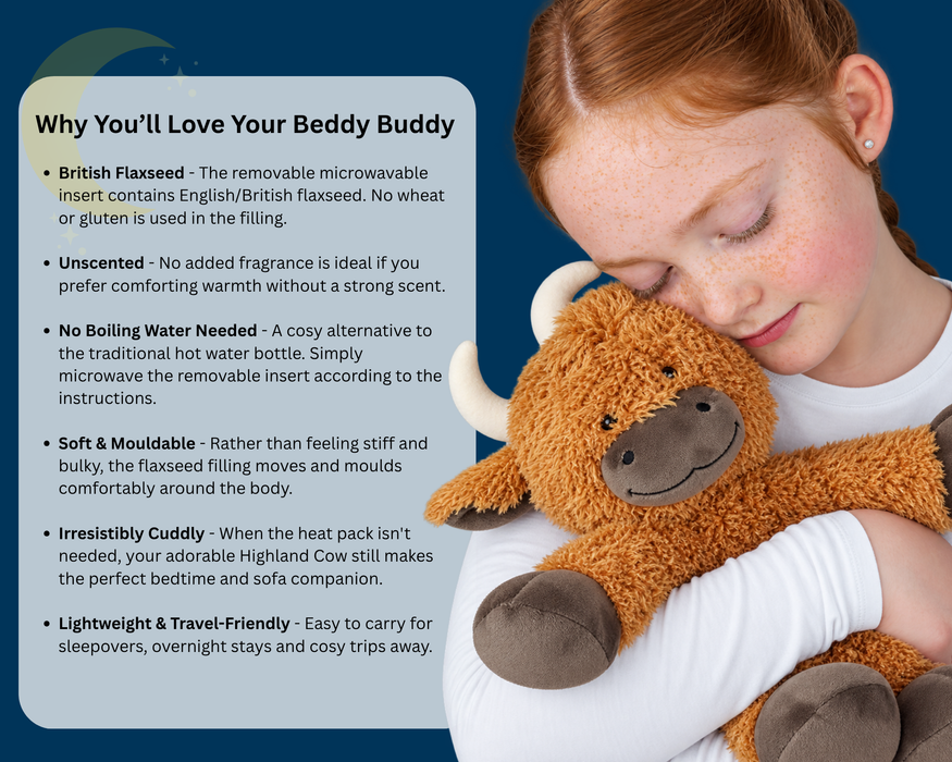 Beddy Buddies Highland Cow Microwaveable Flaxseed Heat Pack Soft Toy