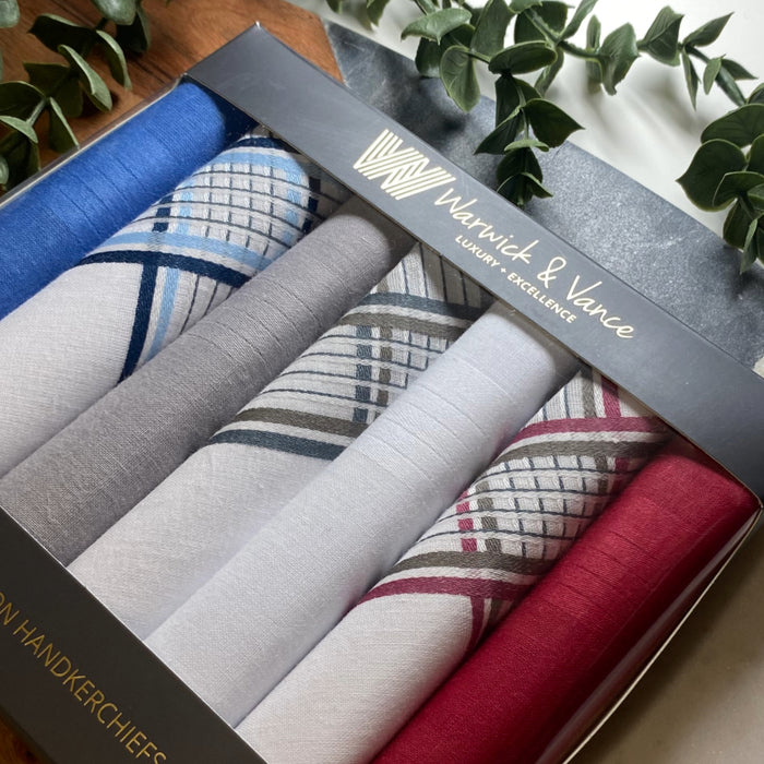 Warwick & Vance Men's 100% Cotton Dyed Red, Blue & White Check Handkerchiefs 7 Pack