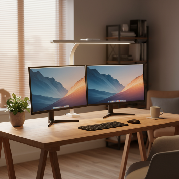 An LED desk lamp with a wide light head, mounted over a desk next to a computer monitor and keyboard. The lamp has a silver finish and there is a touch panel on the front for adjusting settings.