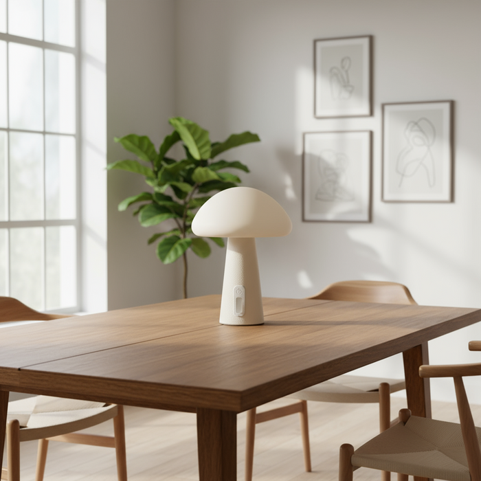 White mushroom-shaped lamp on a wooden table in a modern room with plants and framed art.