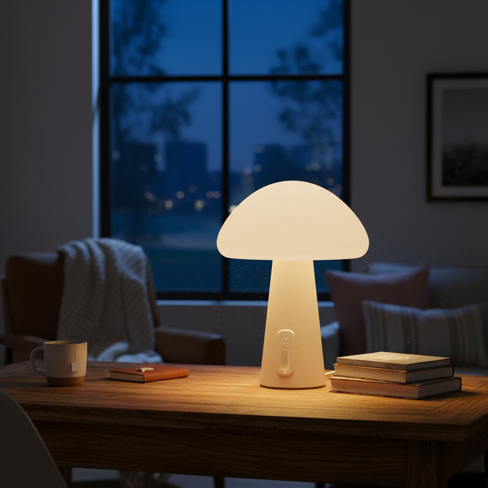 Mushroom-shaped lamp with a beige base and white cap on a white background