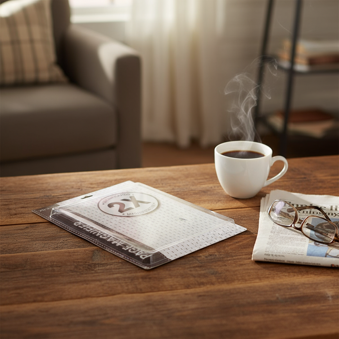 Steaming coffee cup on a wooden table with a newspaper and glasses in a cozy living room setting.