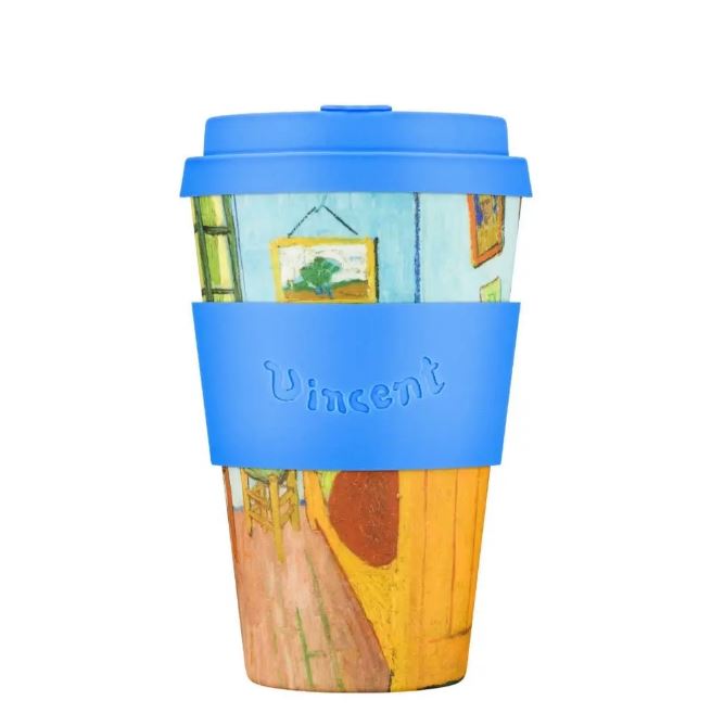 Reusable coffee cup with blue lid and sleeve featuring Van Gogh's 'Sunflower' painting on a white background