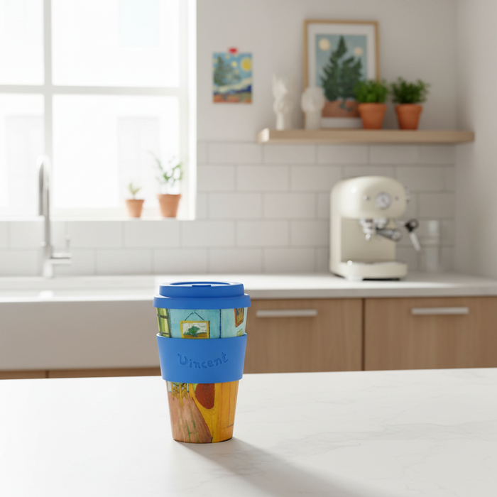 Colorful reusable coffee cup with a blue lid on a kitchen counter