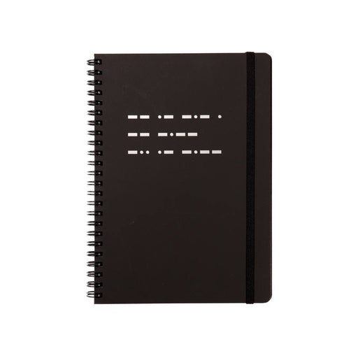 Black spiral-bound notebook on a white background