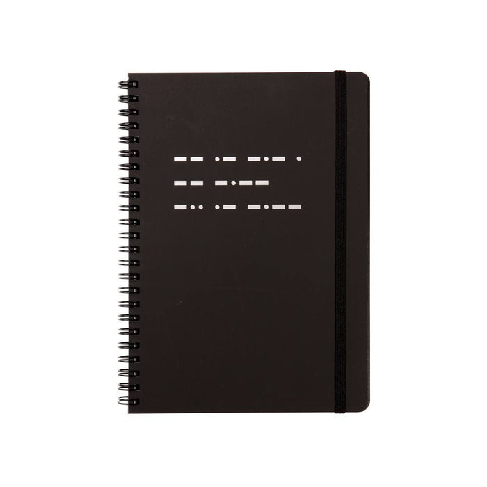 Black spiral-bound notebook on a white background