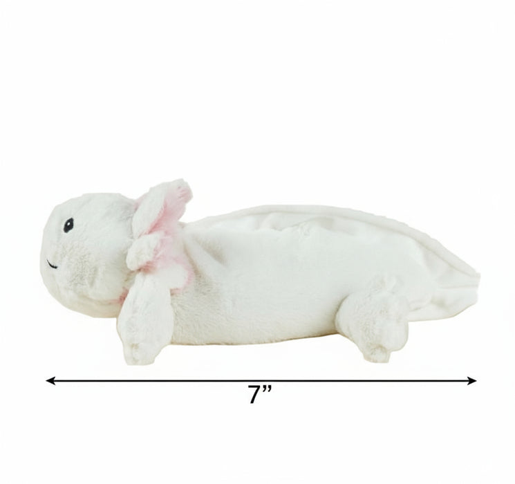 White plush toy with pink bow on a white background