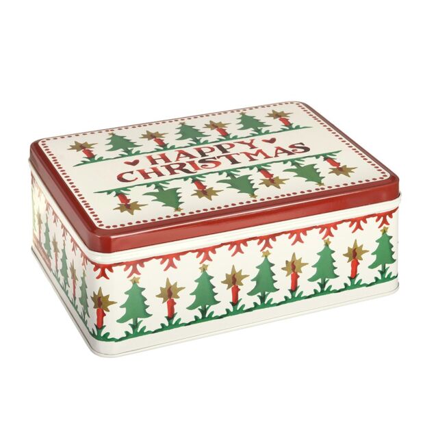 Rectangular tin box with Christmas-themed design on a white background