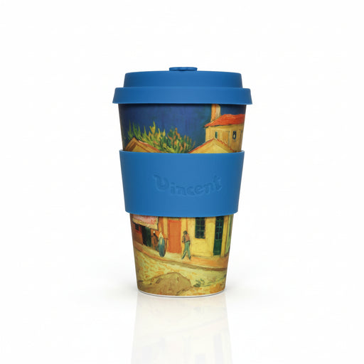 Reusable coffee cup with blue lid and Van Gogh painting design on a white background