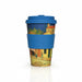 Reusable coffee cup with blue lid and Van Gogh painting design on a white background
