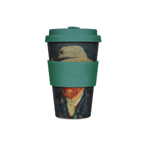 Reusable coffee cup with green lid and sleeve featuring Van Gogh artwork on a white background