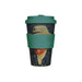 Reusable coffee cup with green lid and sleeve featuring Van Gogh artwork on a white background