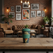 Coffee cup with a planet design on a wooden table in a cozy lounge setting with brick wall and framed pictures.