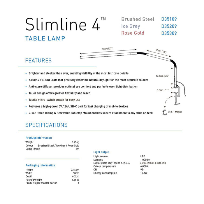 The Daylight Slimline 4 LED Ice Grey Table Lamp