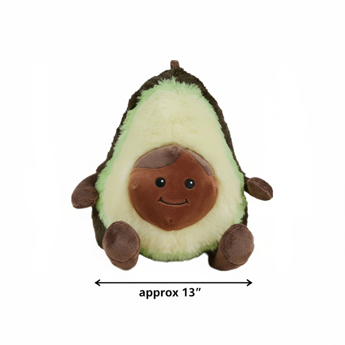 Plush avocado toy with a smiley face on a white background, labeled 'approx 13"'.