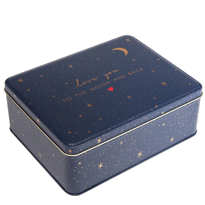 Navy blue tin box with star patterns and 'love you to the moon and back' text on a white background