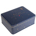 Navy blue tin box with star patterns and 'love you to the moon and back' text on a white background