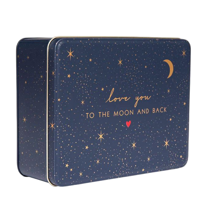 Blue tin box with star pattern and 'love you to the moon and back' text on a white background