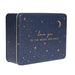 Blue tin box with star pattern and 'love you to the moon and back' text on a white background