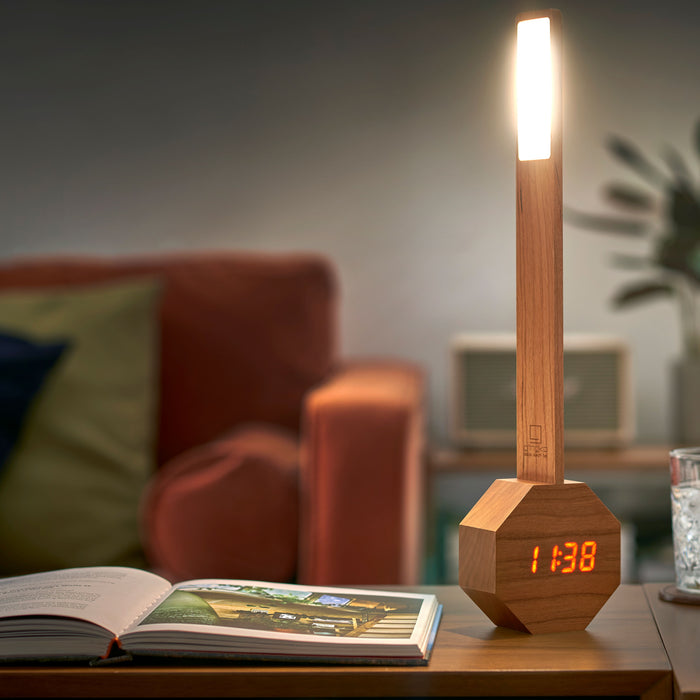 Gingko Octagon One Plus Natural Wood Alarm Clock & LED Desk Lamp