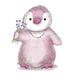 A water coloured sketch of the pink marshmallow baby penguin holding fresh cut lavender.  