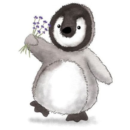 A water colour sketch of the baby penguin holding fresh cut lavender.