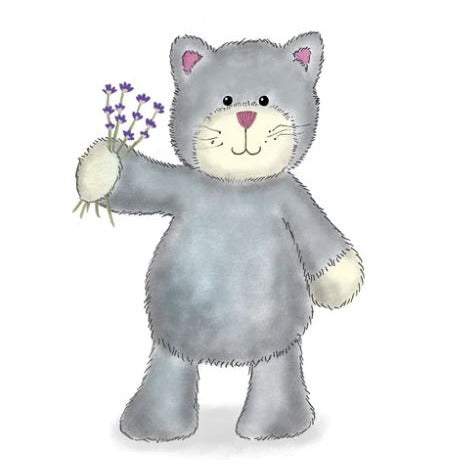 A water coloured sketch of the blue cat holding fresh cut lavender 