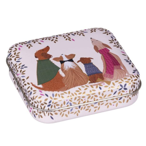 Rectangular tin box with dog illustrations and colorful patterns on a white background