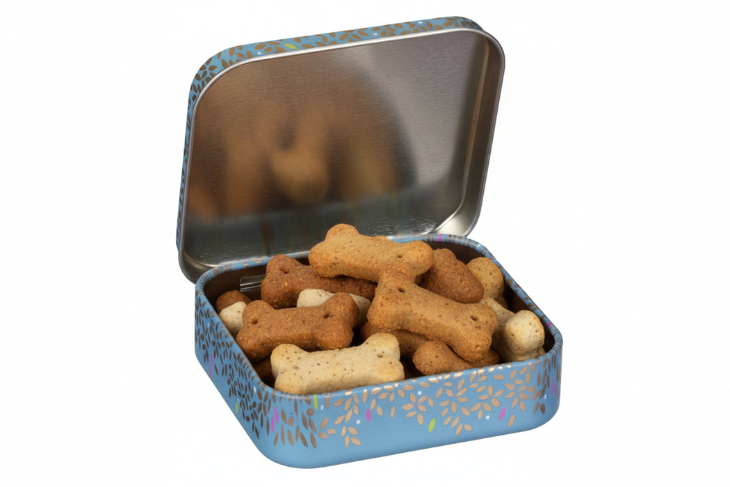 Metallic dog treat box with blue floral pattern on a white background