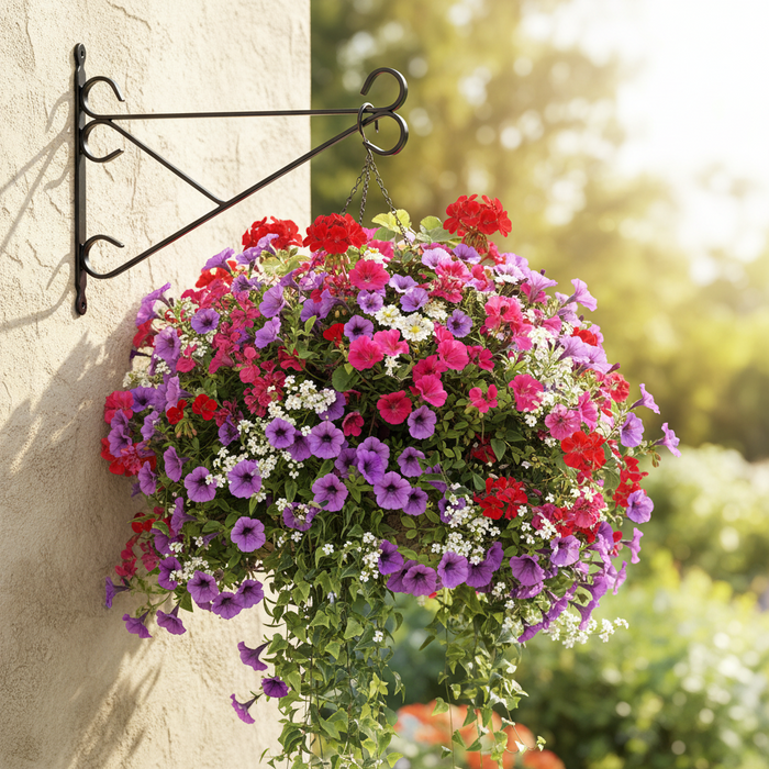 Colorful hanging flower basket with red, purple, and pink flowers against a stone wall.