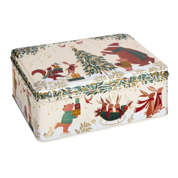 Decorative storage box with festive animal illustrations on a white background