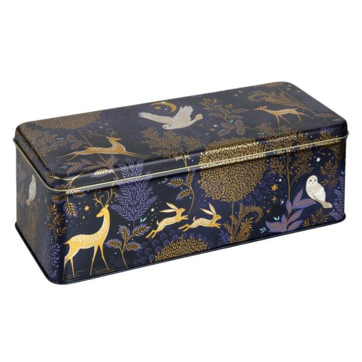 Decorative tin box with animal and nature pattern on a white background